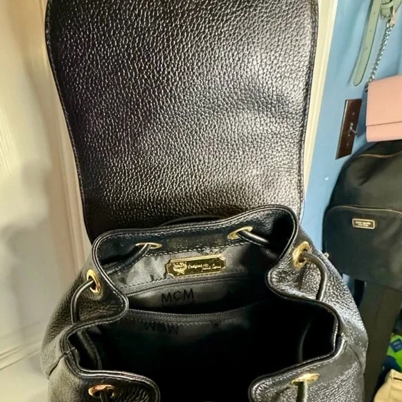 MCM Gold Studded Logo Black Pebbled Leather Backpack Tasseled Drawstring - Picture 11 of 15